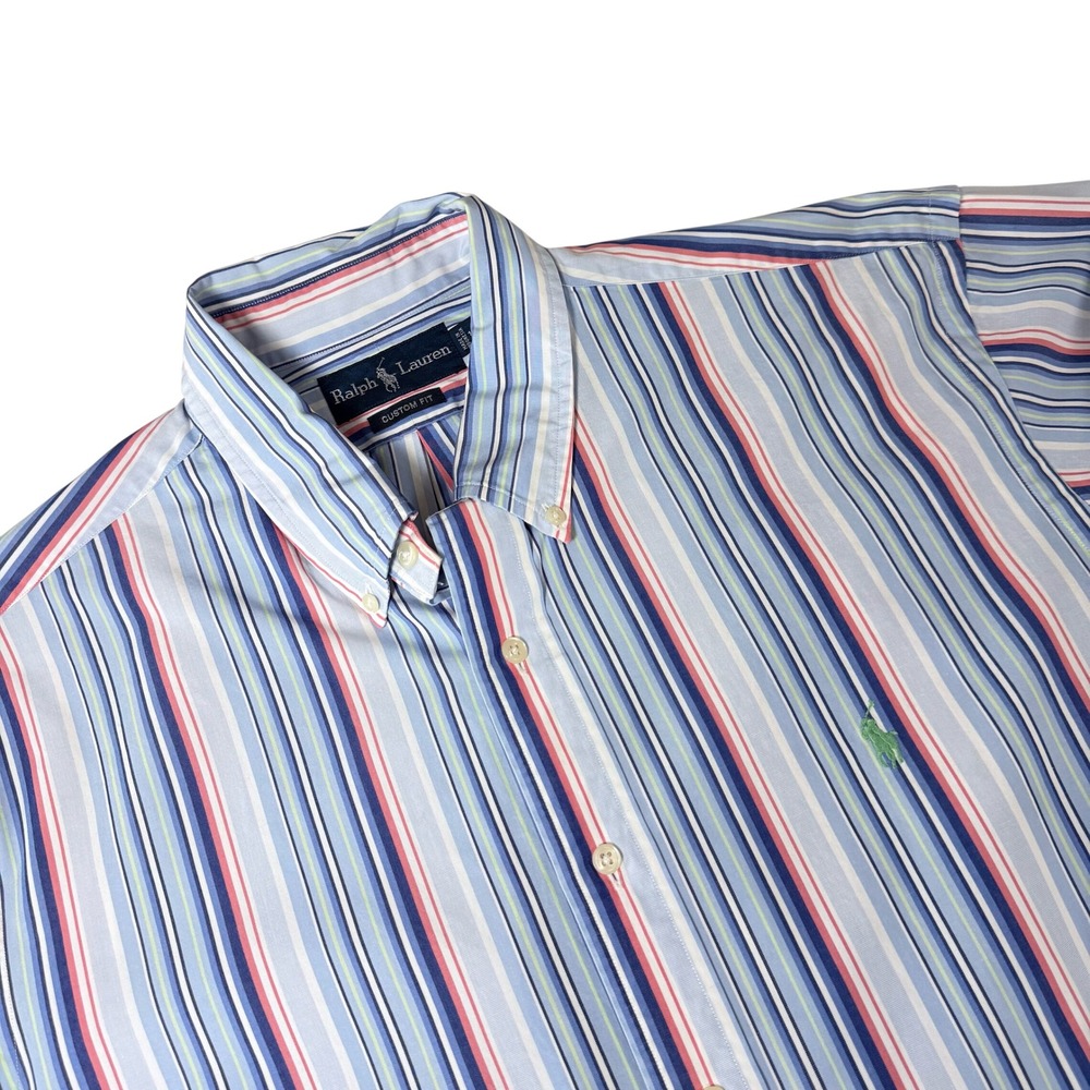 Ralph Lauren Mens XXL Custom Fit Striped Button Down Shirt Blue Pink TALK 18